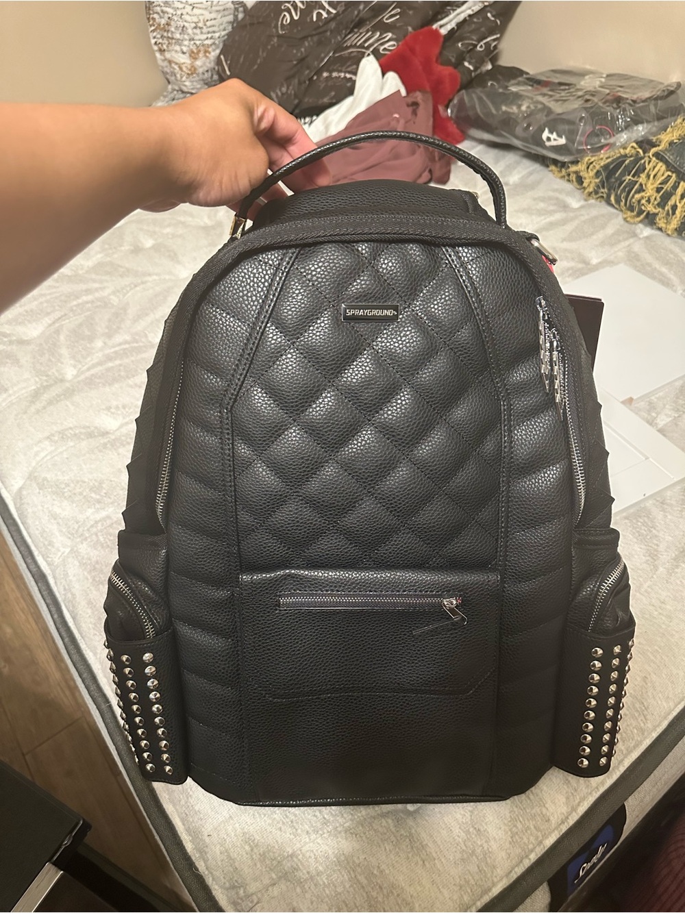 Sprayground Black Biker Quilted Studded Backpack